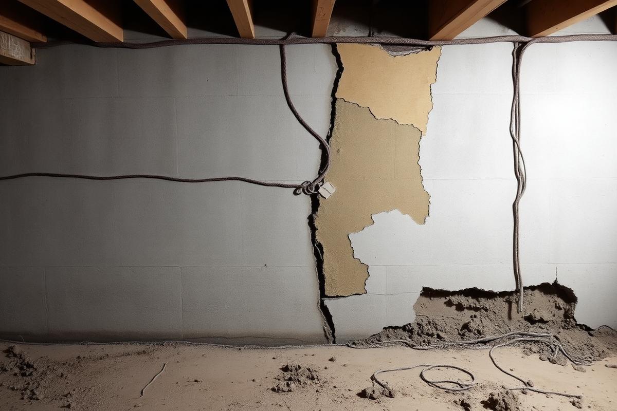 Cracked, water-damaged basement foundation wall before repair