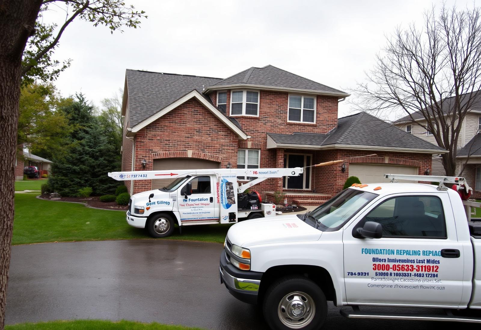 Brick home in Overland Park, Kansas with a foundation repair crew on site